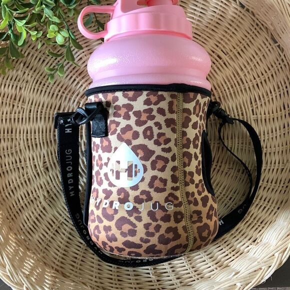 HYDROJUG Pink Half Gallon 73oz Water Bottle With Animal Print Sleeve And Strap - Picture 1 of 10